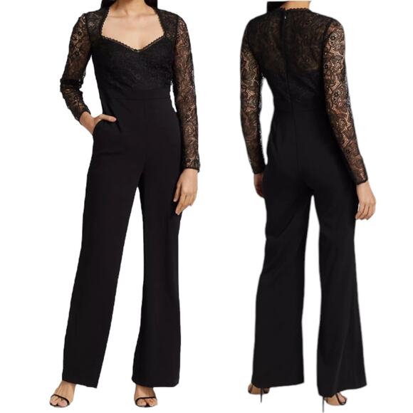 Monique Lhuillier Lace Flare Leg Jumpsuit Pockets Jet Black Size 2 - Picture 1 of 10